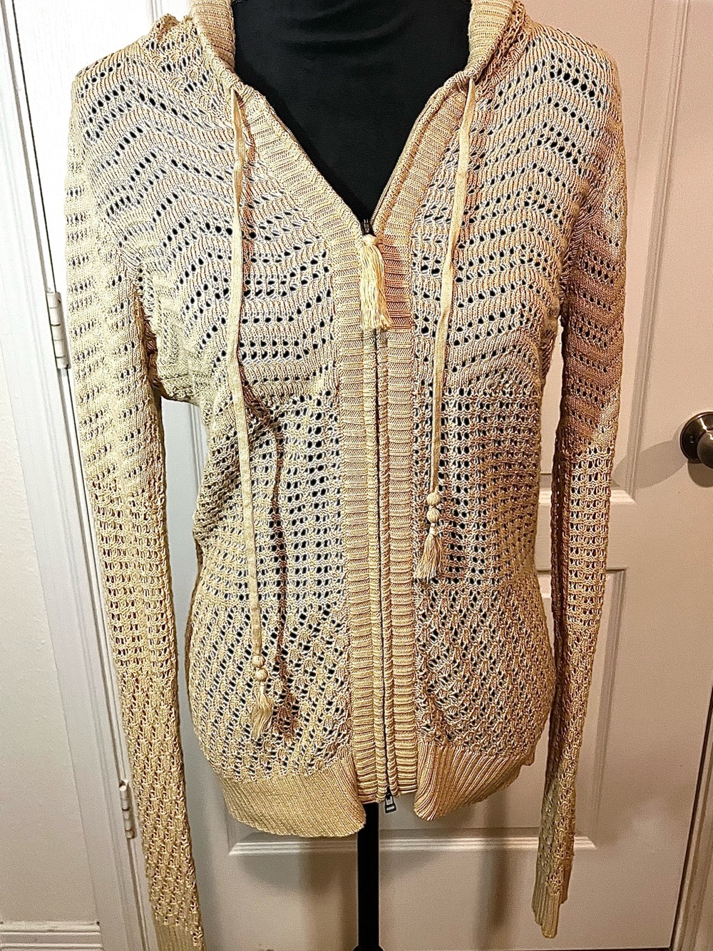 Athleta Cream Openwork Knit Zip Hoodie with Tassel Drawstrings